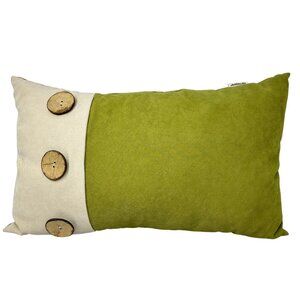 Pier 1 Lumbar Pillow Green Beige Large Wooden Button Decorative Throw 17 x 8